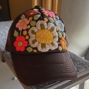 Brown Floral Embroidered Trucker Hat